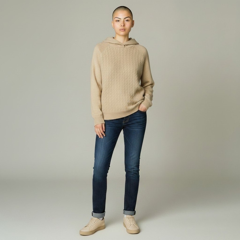 Calligraphie Sweater Womens XL Cream Cable Knit Hooded Pullover Cozy Relaxed fit